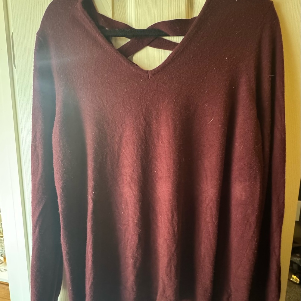 Burgundy V-Neck Sweater with Cross Back